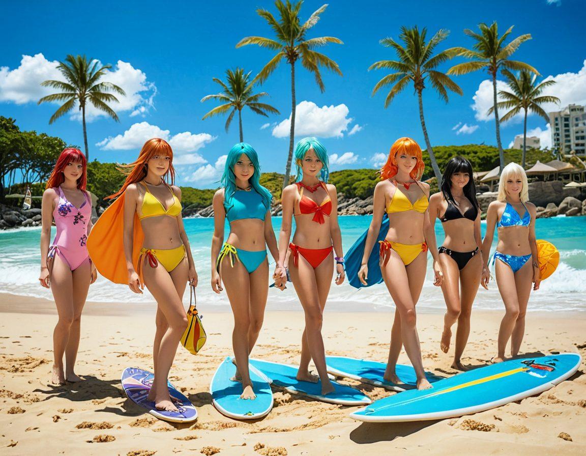 A vibrant beach scene featuring diverse individuals dressed in anime-inspired swimwear and cosplay outfits, showcasing colorful capes and whimsical accessories. Sunlight sparkles on the water, with playful beach activities happening in the background. Incorporate elements like sandcastles shaped like anime characters and surfboards decorated with iconic anime symbols. Evoke a sense of adventure and excitement in the atmosphere. super-realistic. vibrant colors. tropical setting.