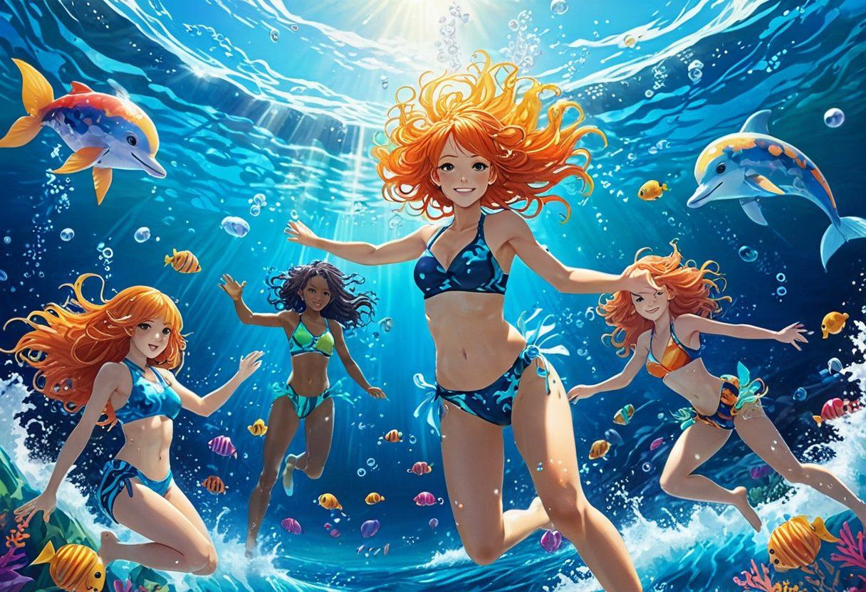 A dynamic anime scene of a diverse group of swimmers, mid-action, showcasing their skills in vibrant, fantastical swim gear, against a backdrop of a lively underwater world filled with magical sea creatures. Each swimmer embodies unique, colorful characteristics that reflect their personalities and strengths, with splashes of water and ethereal light enhancing the energy of the moment. Playful bubbles and shimmering waves create a sense of motion and excitement. anime style. vibrant colors. 3D.